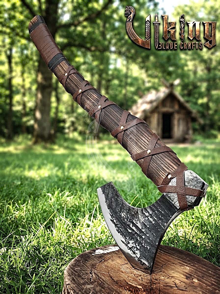 True Hand-Forged Viking Bearded Axe 30" | Leather-Wrapped Upswept Skeggøx