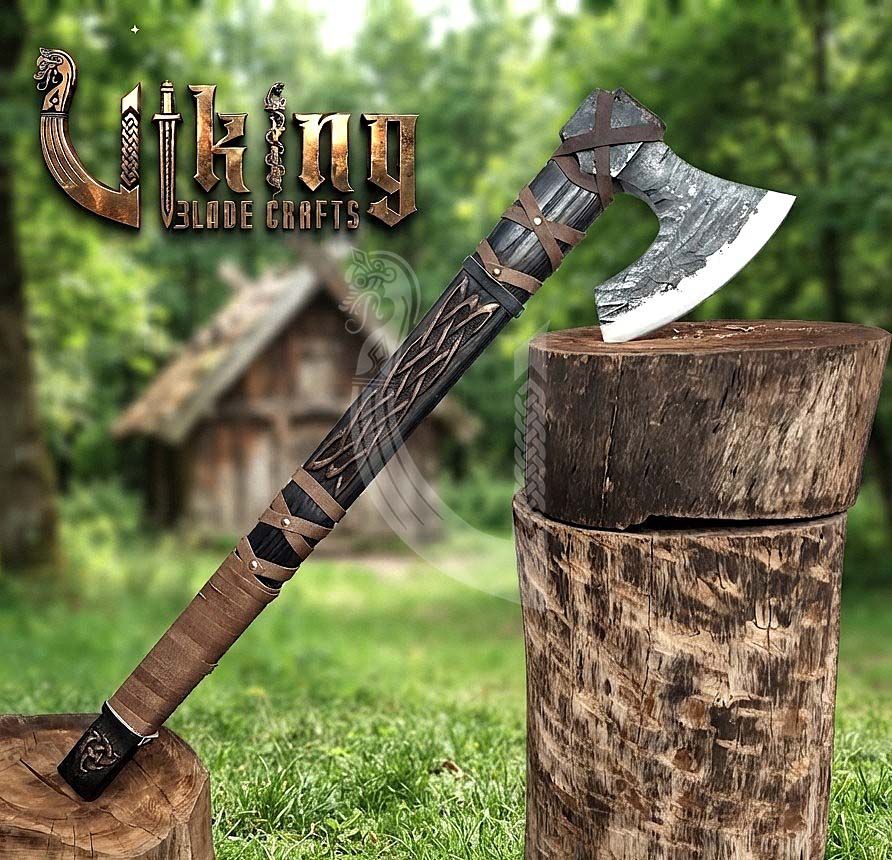 Ragnar-Inspired Viking Axe | Hand-Forged Knotwork Carved Ashwood