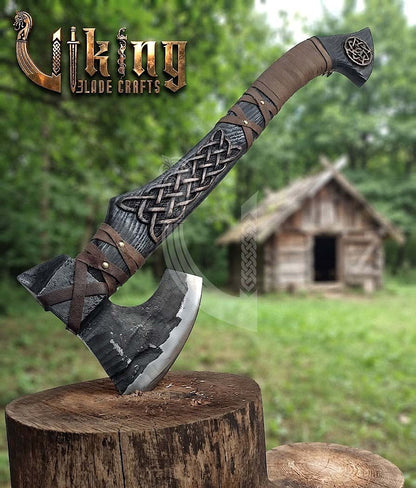 Hand-Forged Viking Bearded Axe 30" | Norse Knotwork Carved Curved Ashwood
