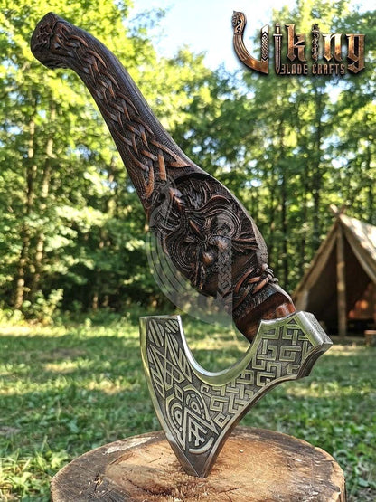 Norse Owl 23" Rosewood Axe | Hand-Forged & Carved Viking Axe