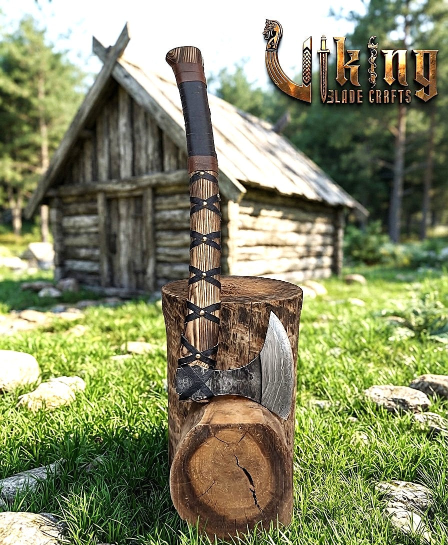 Ragnar-Inspired Damascus Viking Axe | Curved Ashwood Leather-Wrapped