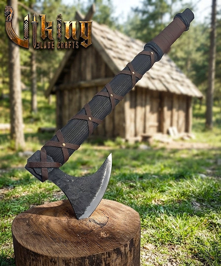 Ragnar-Inspired Viking Axe | Leather-Wrapped Bearded Axe