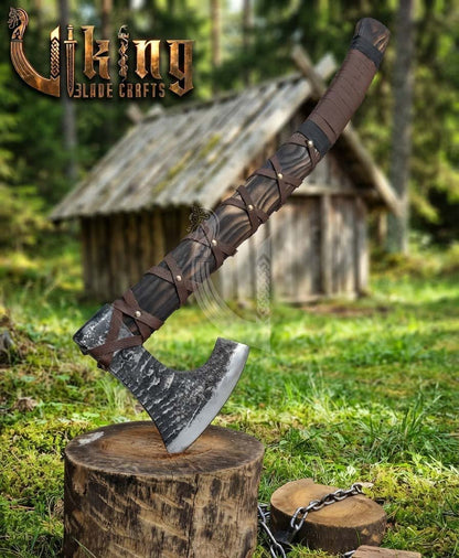 True Hand-Forged Viking Bearded Axe 30" | Leather-Wrapped Fanned Skeggøx