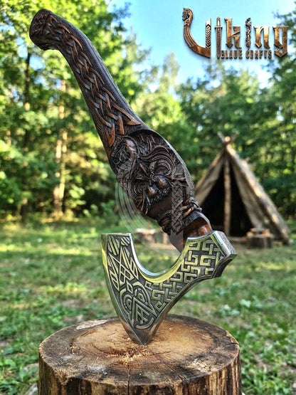 Norse Owl 23" Rosewood Axe | Hand-Forged & Carved Viking Axe