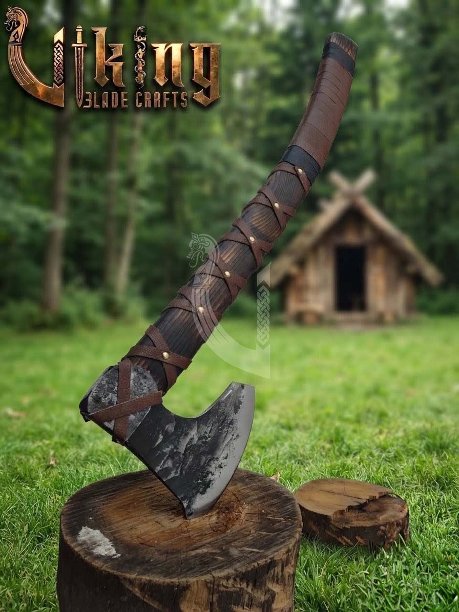 True Hand-Forged Viking Bearded Axe 30" | Leather-Wrapped Curved Skeggøx