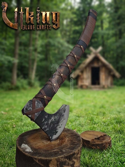 True Hand-Forged Viking Bearded Axe 30" | Leather-Wrapped Curved Skeggøx