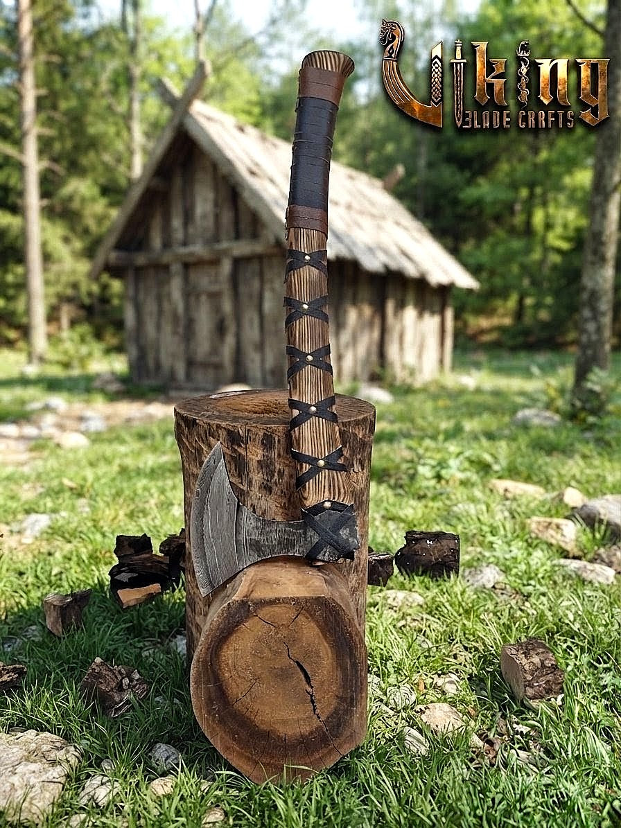 Ragnar-Inspired Damascus Viking Axe | Curved Ashwood Leather-Wrapped