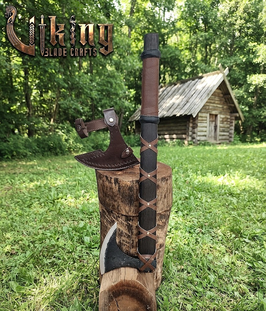 Ragnar-Inspired Viking Axe | Leather-Wrapped Bearded Axe