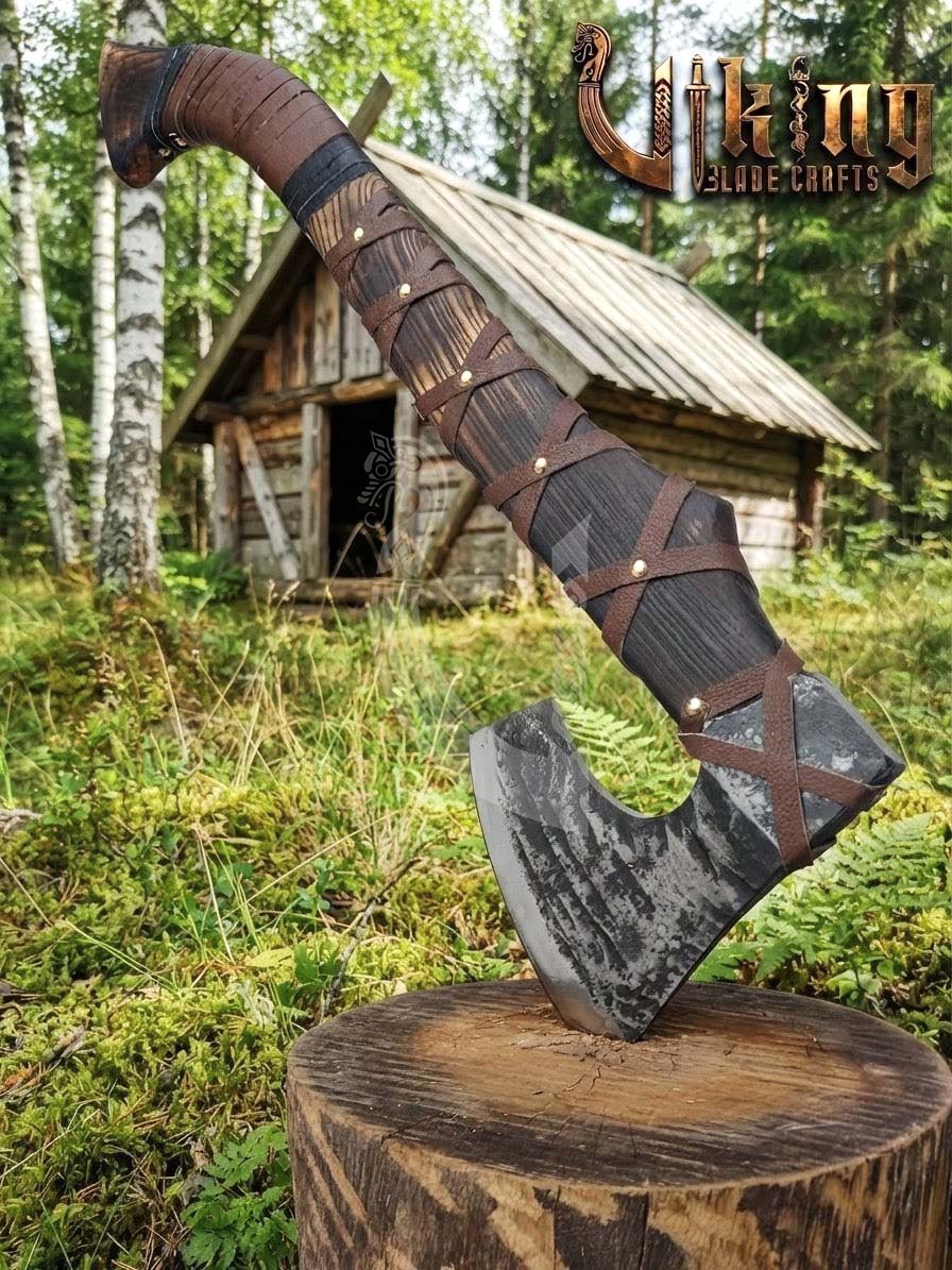 True Hand-Forged Viking Bearded Axe 30" | Leather-Wrapped Recurve Skeggøx