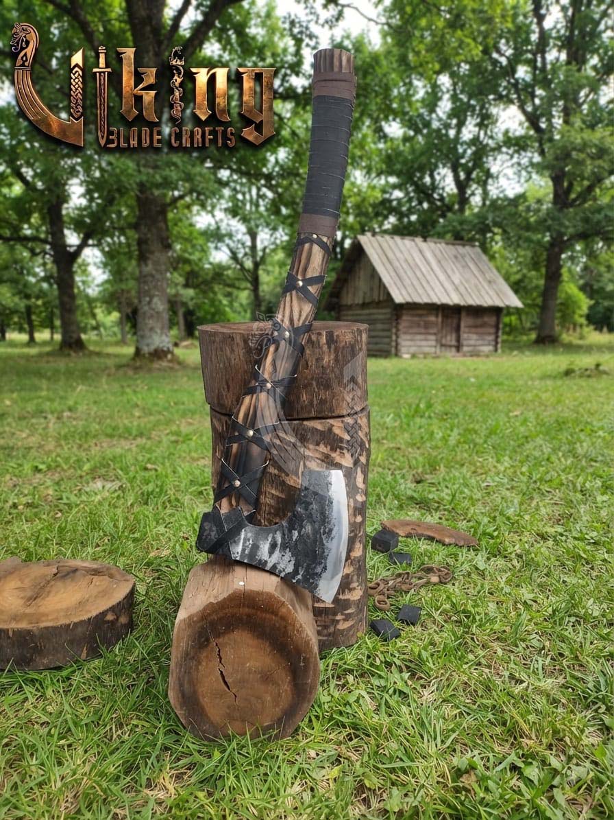 True Hand-Forged Viking Bearded Axe 30" | Leather-Wrapped Hooked Skeggøx