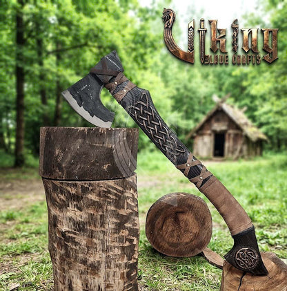 Hand-Forged Viking Bearded Axe 30" | Norse Knotwork Carved Curved Ashwood