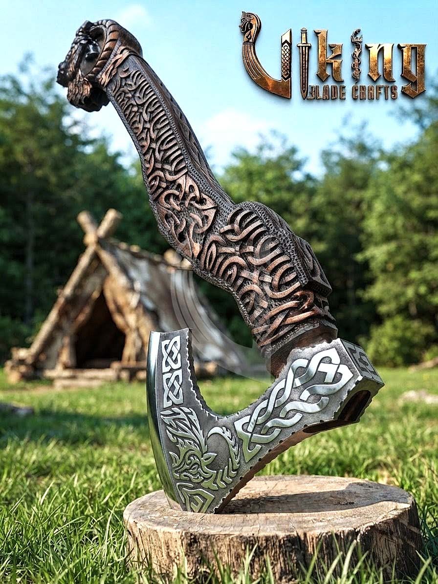 Hand-Forged 23" Norse Goat Carved Rosewood Axe | Goat Etched