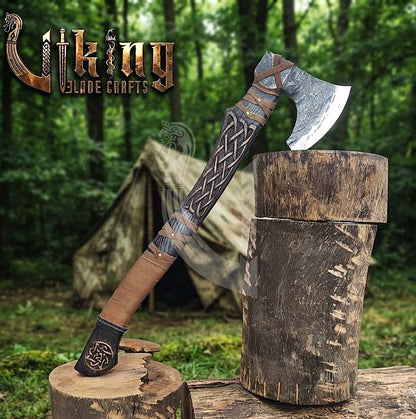 Ringerike-Style Viking Bearded Axe 30" | Curved Carved Haft & Flat Poll