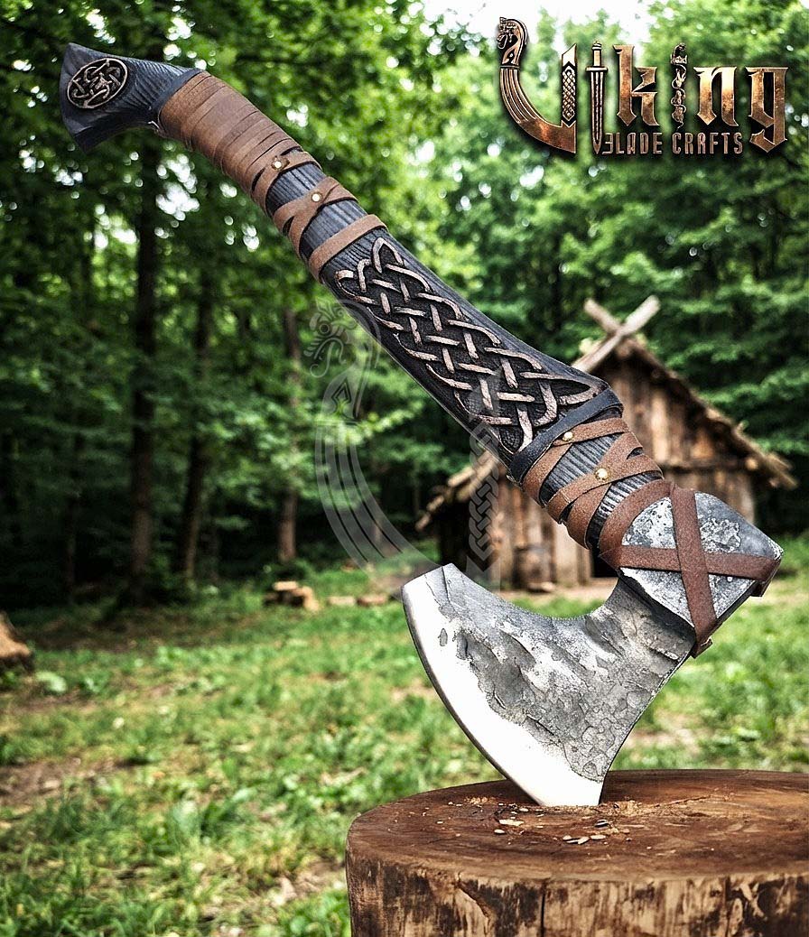 Hand-Forged Viking Bearded Axe 30" | Urnes-Style Knotwork Carved Ashwood