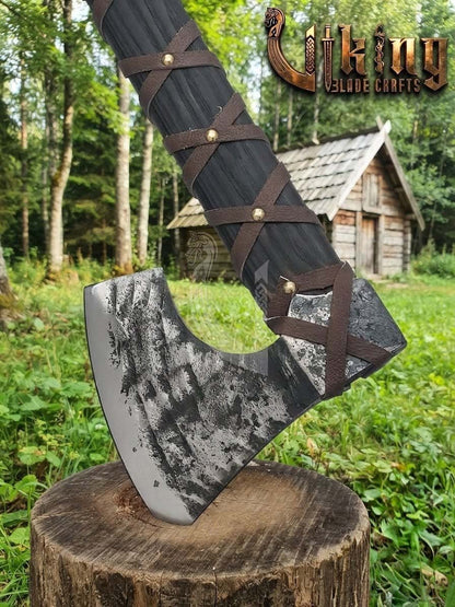 True Hand-Forged Viking Bearded Axe 30" | Leather-Wrapped Corrugated Skeggøx