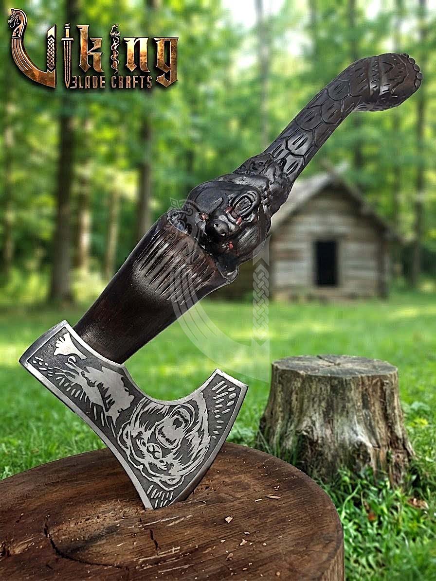 Bjorn Bear Viking Axe | Hand Carved Handle | Forged Steel
