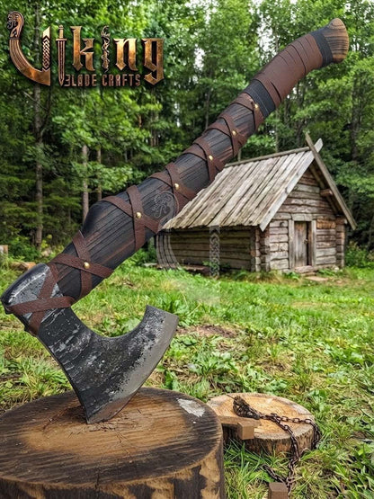 True Hand-Forged Viking Bearded Axe 30" | Leather-Wrapped S-Curve Skeggøx