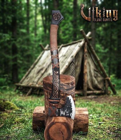 Jelling-Style Viking Bearded Axe 30" | Curved Carved Haft & Flat Poll