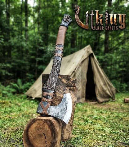 Ringerike-Style Viking Bearded Axe 30" | Curved Carved Haft & Flat Poll
