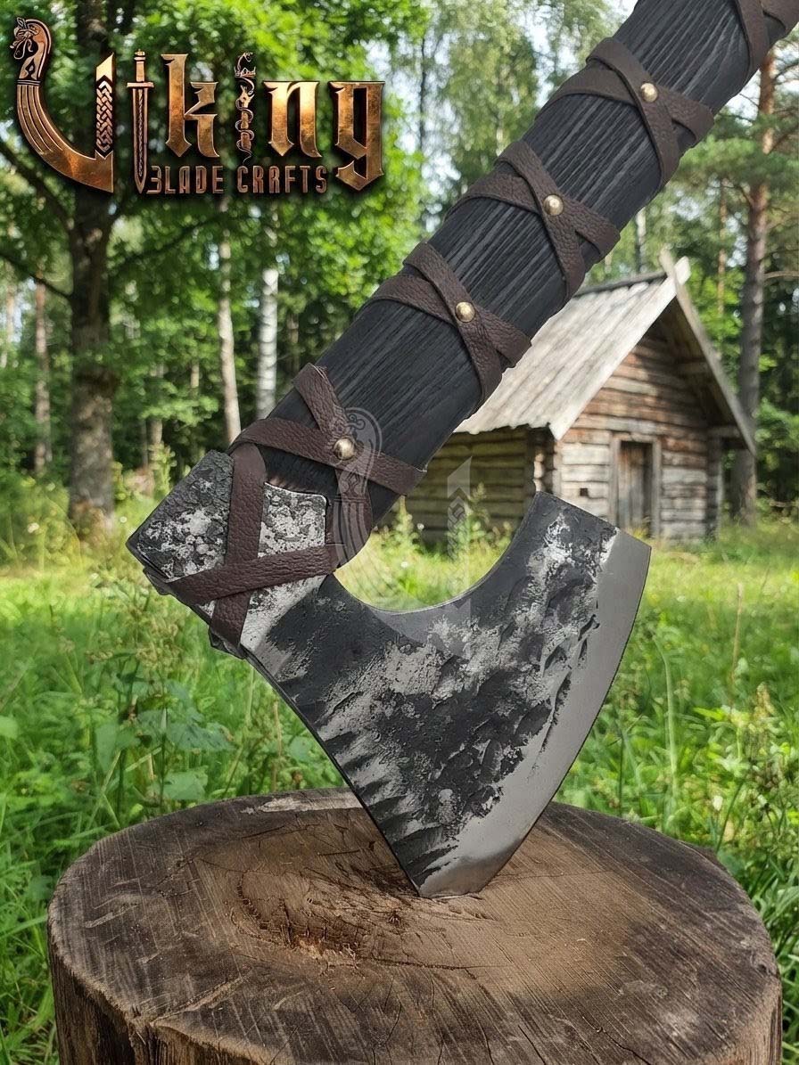 True Hand-Forged Viking Bearded Axe 30" | Leather-Wrapped Corrugated Skeggøx