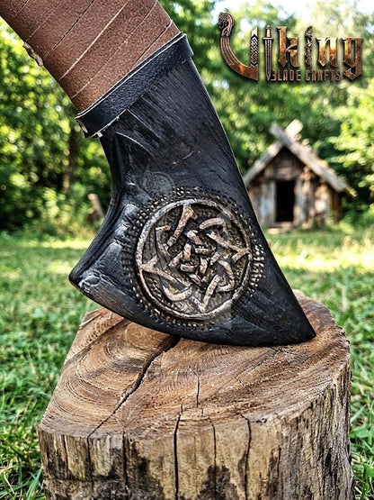 Hand-Forged Viking Bearded Axe 30" | Urnes-Style Knotwork Carved Ashwood