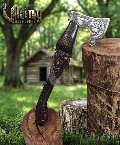 Bjorn Bear Viking Axe | Hand Carved Handle | Forged Steel