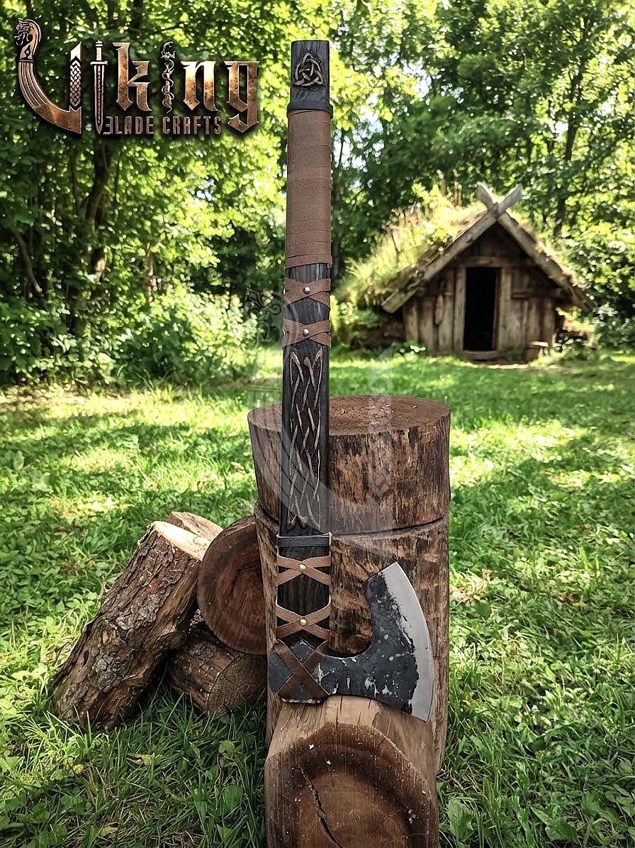 Ragnar-Inspired Viking Axe | Hand-Forged Knotwork Carved Ashwood