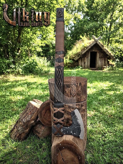 Ragnar-Inspired Viking Axe | Hand-Forged Knotwork Carved Ashwood