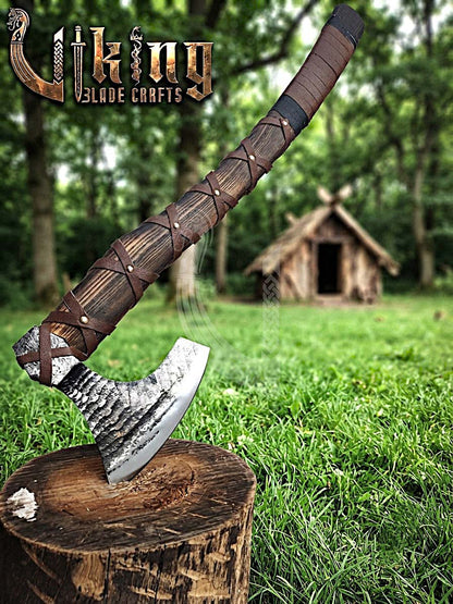 True Hand-Forged Viking Bearded Axe 30" | Leather-Wrapped Upswept Skeggøx
