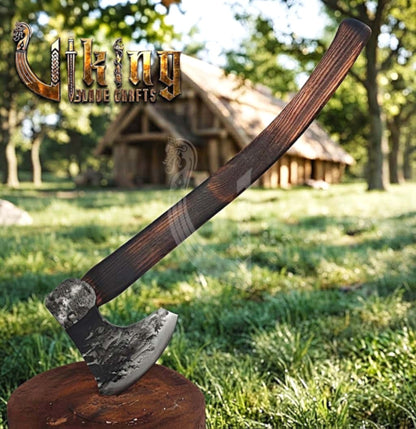 True Hand-Forged Viking Bearded Axe 30" | Curved Handle Skeggøx