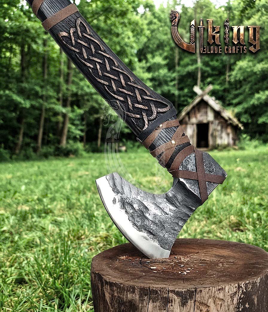 Hand-Forged Viking Bearded Axe 30" | Urnes-Style Knotwork Carved Ashwood