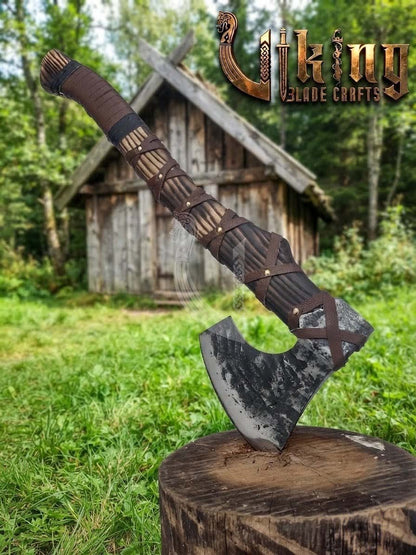 True Hand-Forged Viking Bearded Axe 30" | Leather-Wrapped Ergonomic Skeggøx