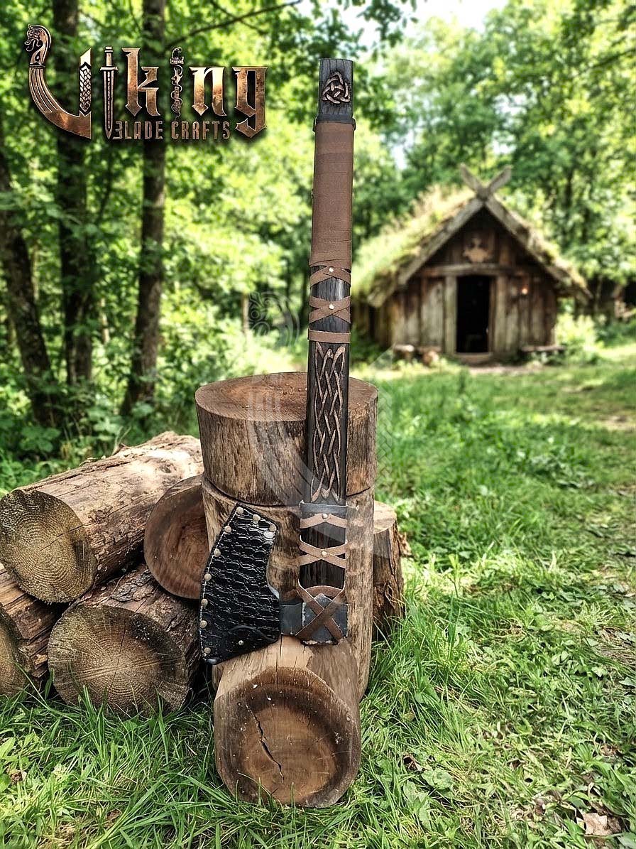 Ragnar-Inspired Viking Axe | Hand-Forged Knotwork Carved Ashwood