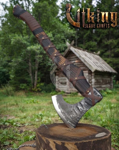 True Hand-Forged Viking Bearded Axe 30" | Leather-Wrapped S-Curve Skeggøx
