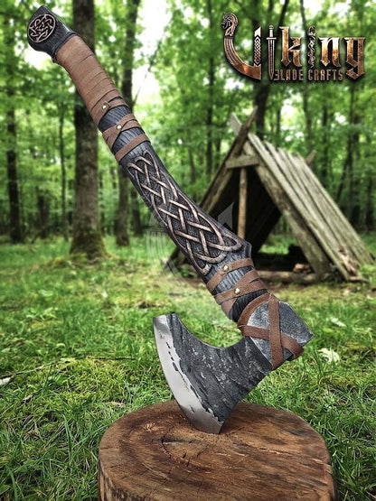 Ringerike-Style Viking Bearded Axe 30" | Curved Carved Haft & Flat Poll