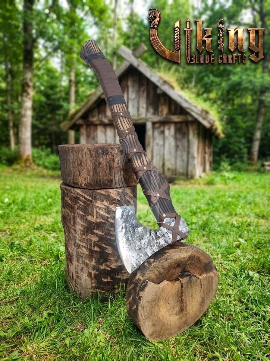 True Hand-Forged Viking Bearded Axe 30" | Leather-Wrapped Ergonomic Skeggøx