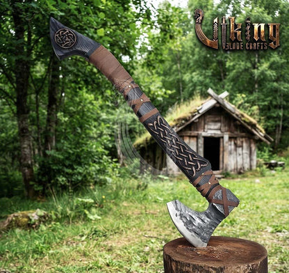 Hand-Forged Viking Bearded Axe 30" | Urnes-Style Knotwork Carved Ashwood