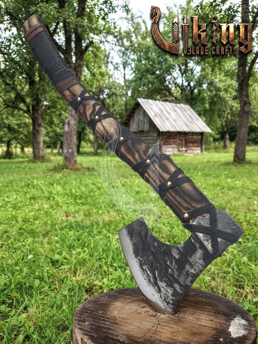 True Hand-Forged Viking Bearded Axe 30" | Leather-Wrapped Hooked Skeggøx