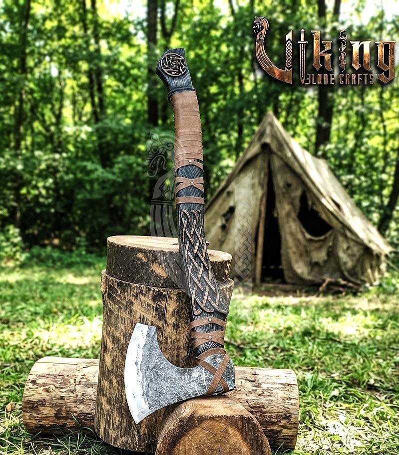 Ringerike-Style Viking Bearded Axe 30" | Curved Carved Haft & Flat Poll