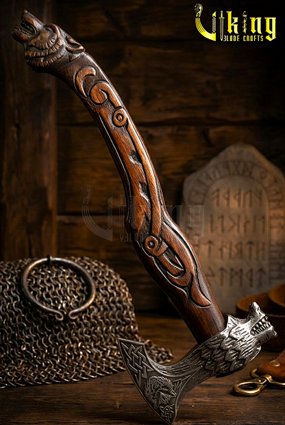 Norse mythology axe with Fenrir wolf carving and steel blade