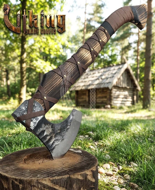 True Hand-Forged Viking Bearded Axe 30" | Leather-Wrapped Hammer-Peened Skeggøx