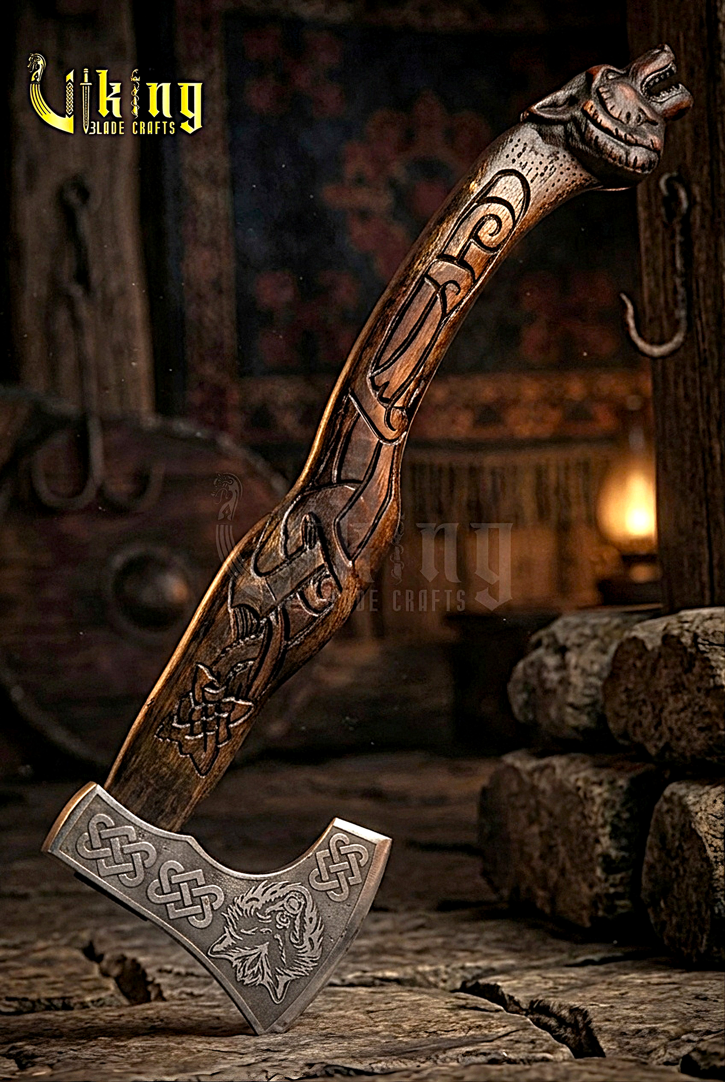 handcrafted Viking axe with detailed wolf head carving