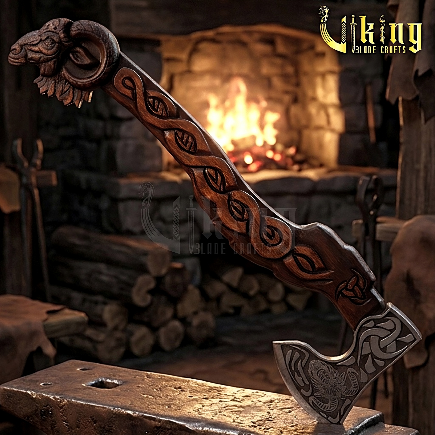 Norse goat axe with carved wood handle and steel blade