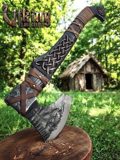 Hand-Forged Viking Bearded Axe 30" | Urnes-Style Knotwork Carved Ashwood