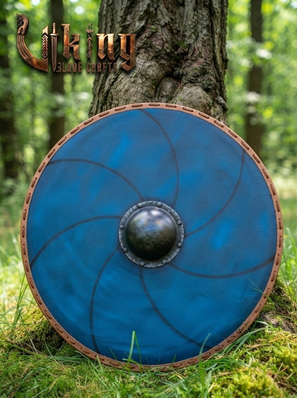 The Ægir’s Wake Sea-Blue Leather-Trimmed Viking Shield