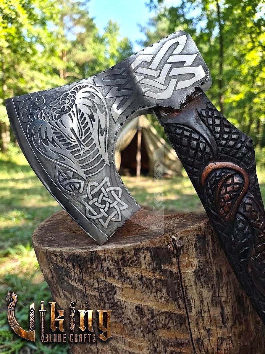 The Wyrm’s Fang 23" Hand-Forged Norse Carved Serpent Rosewood Axe