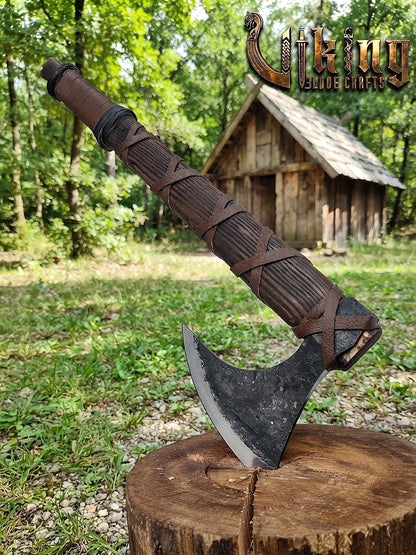 Ragnar-Inspired Viking Bearded Axe | Dark Brown Leather-Wrapped