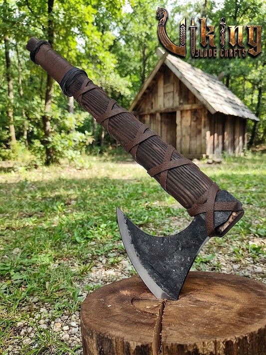 Ragnar-Inspired Viking Bearded Axe | Dark Brown Leather-Wrapped