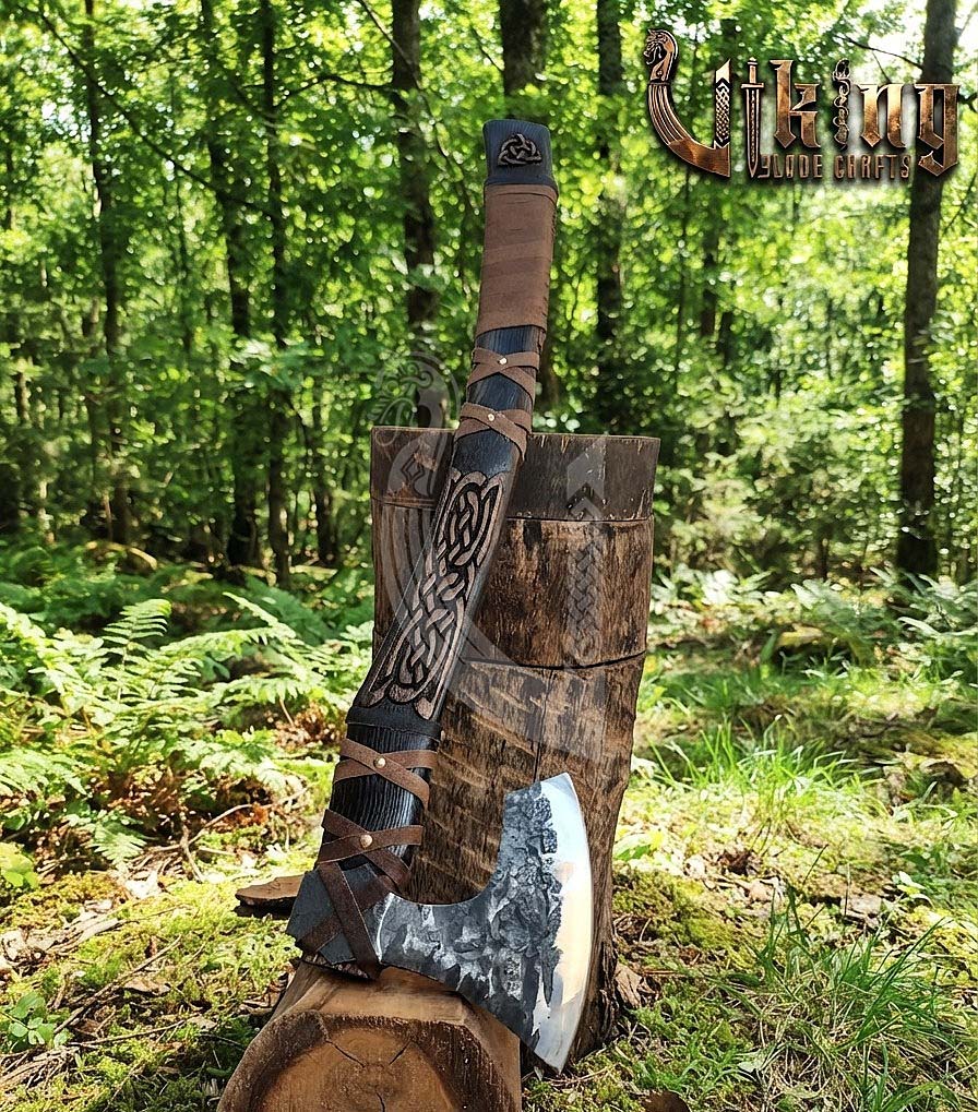 Jelling-Style Viking Axe 30" | Hand-Forged Bearded Axe with Carved Ashwood