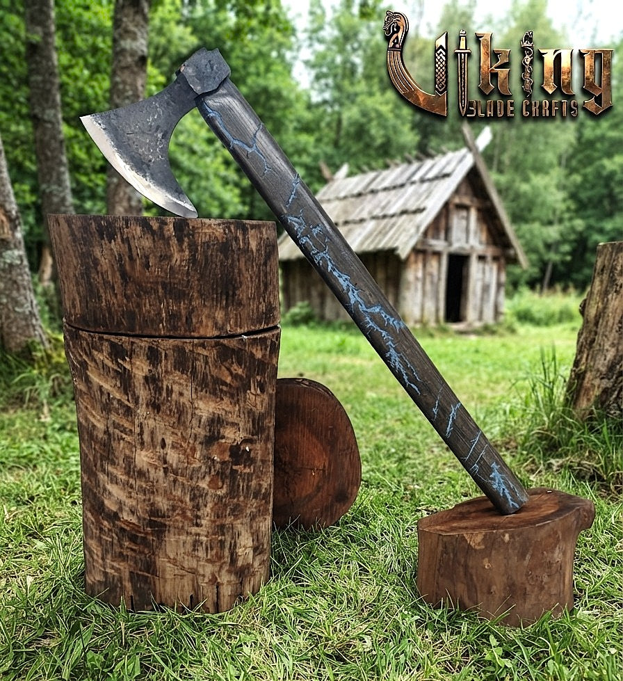Ragnar-Inspired Viking Axe | Blue Engraved Ashwood Handle